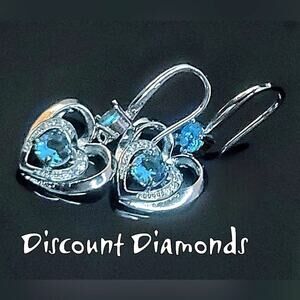 Blue Heart Shaped Crystal Fishhook Earrings on 925 Silver